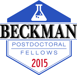 This icon is in a hexagonal shape where the top third is in a royal blue with a white Erlenmeyer flask and the lower two-thirds is in white and features the words Beckman Postdoctoral Fellows 2015. The text is stacked and appears in black, then blue, then red and the word Beckman is in large block letters for emphasis.