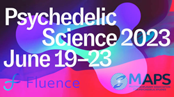 The Psychedelic Science 2023 logo, Fluence logo, and MAPS logos on an abstract background.