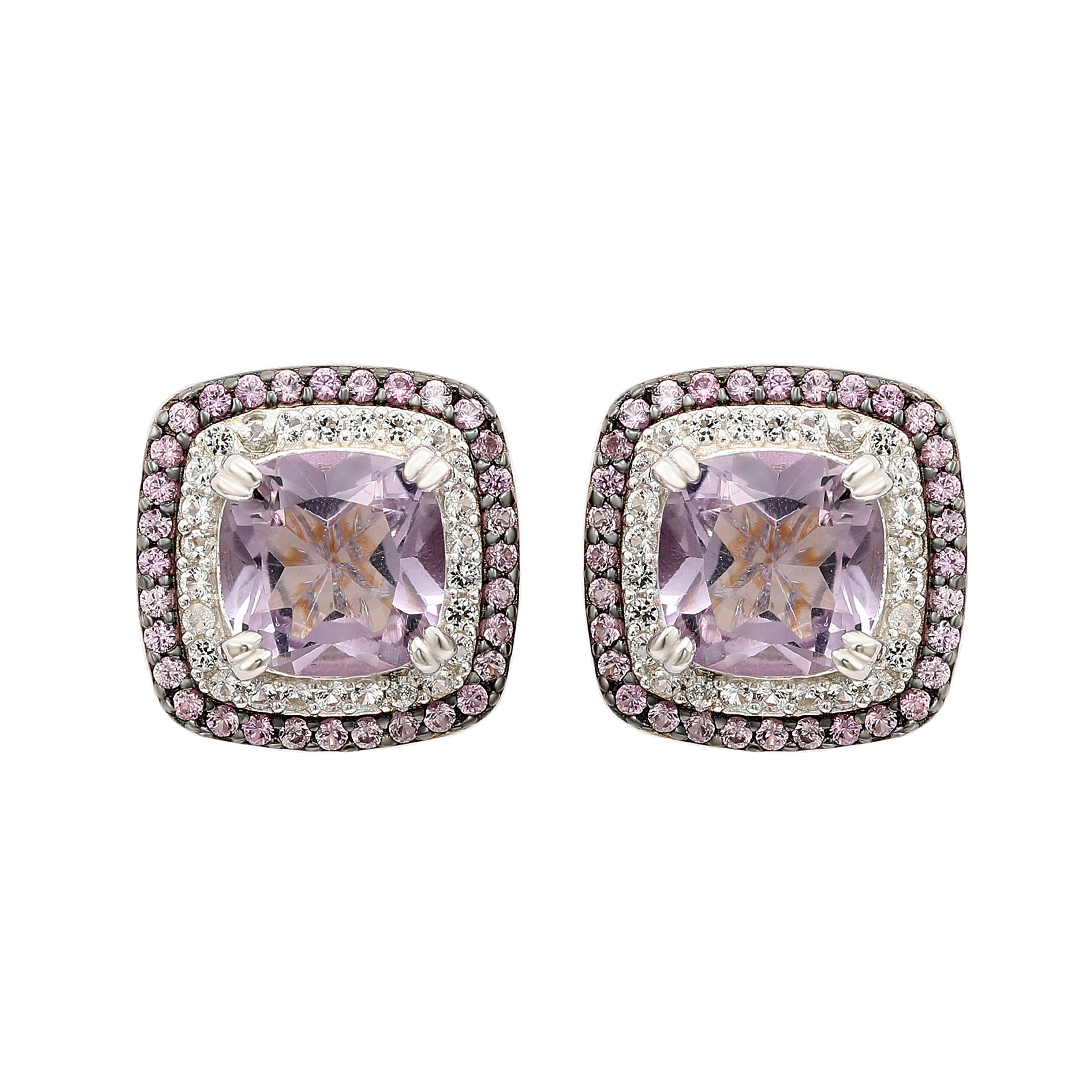 Suzy Levian ‘Hue Harmony’ Sterling Silver Cushion-cut Amethyst, Diamond and Sapphire Double Halo Earrings