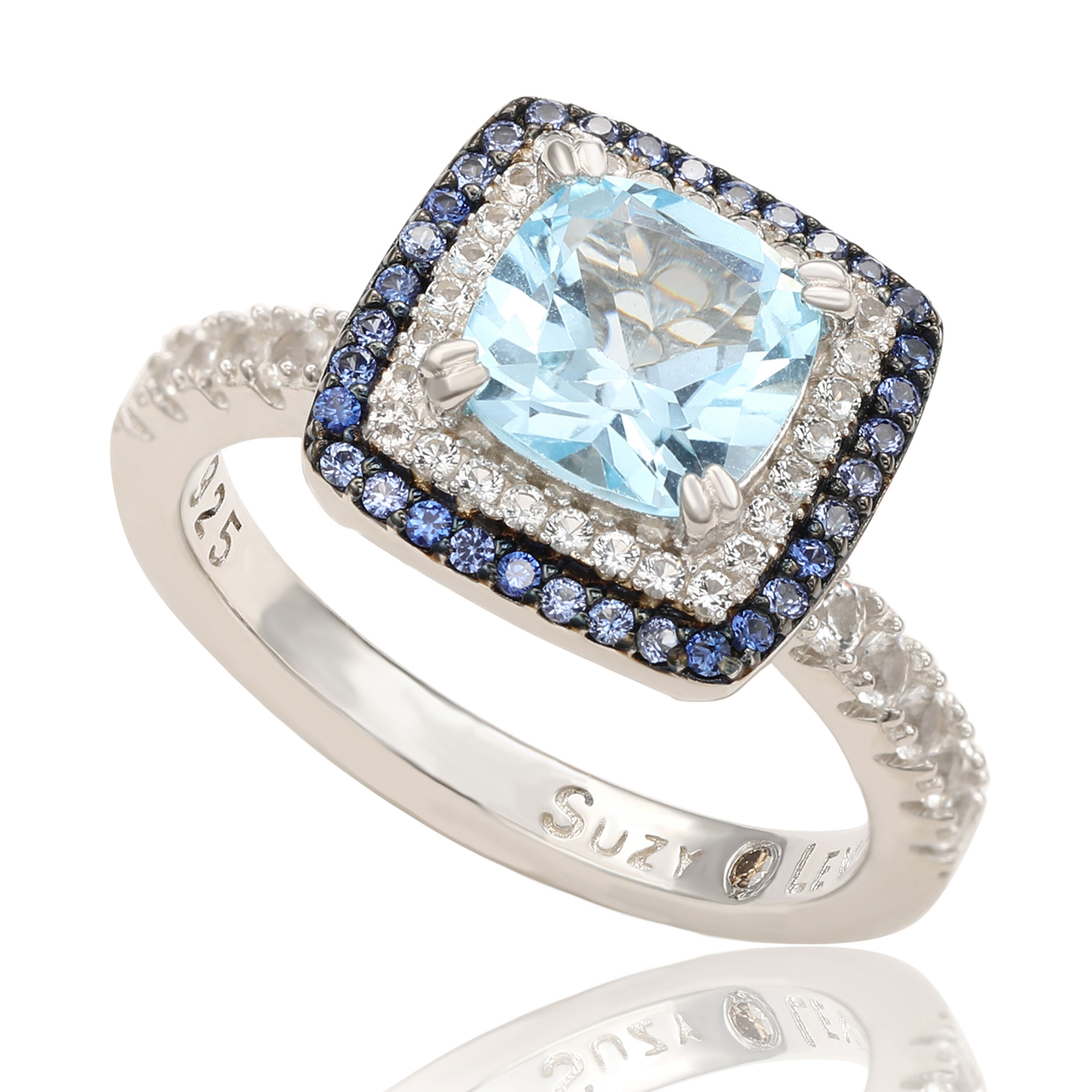 Suzy Levian ‘Hue Harmony’ Sterling Silver Cushion-cut Blue Topaz, Diamond and Sapphire Double Halo Ring