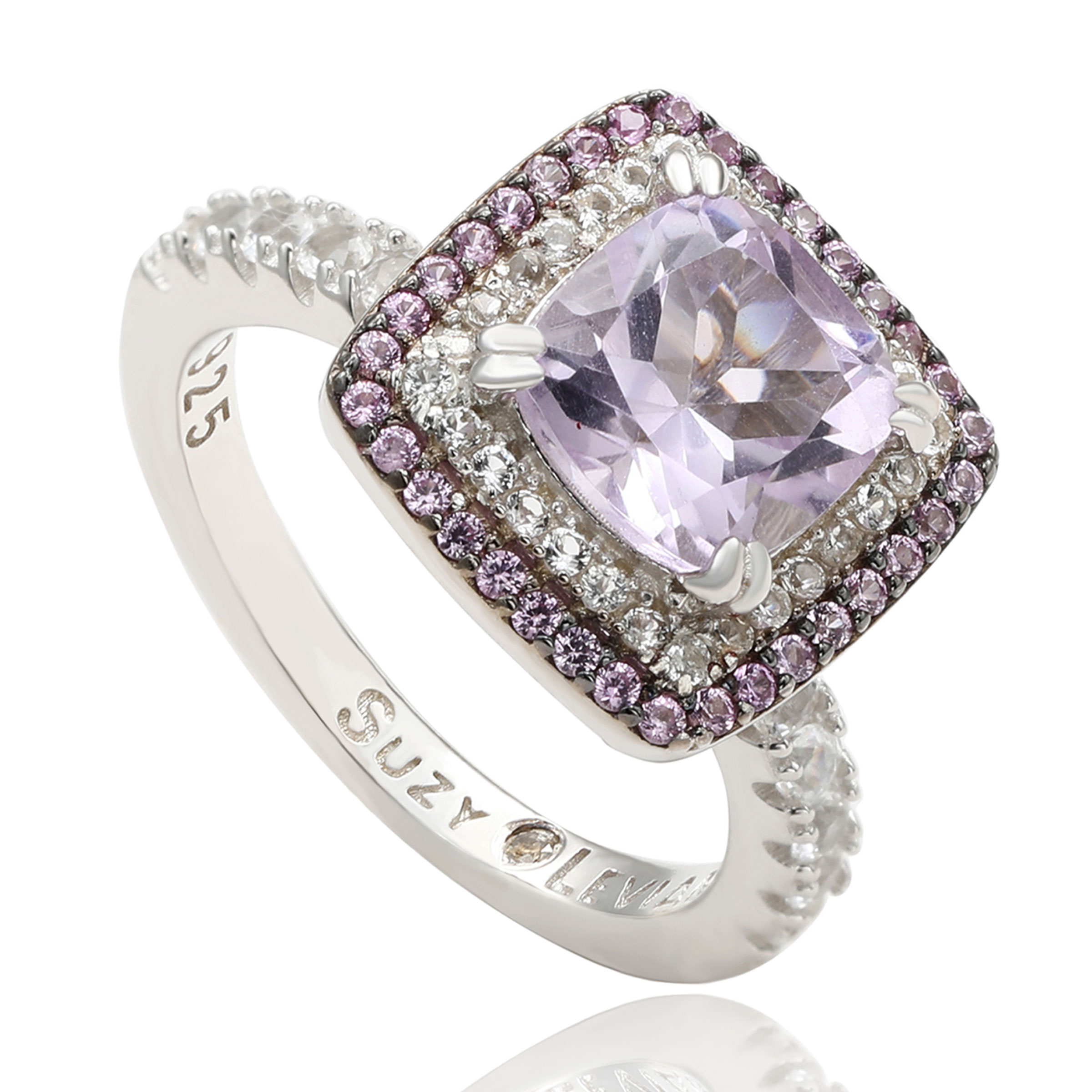 Suzy Levian ‘Hue Harmony’ Sterling Silver Cushion-cut Amethyst, Diamond and Sapphire Double Halo Ring