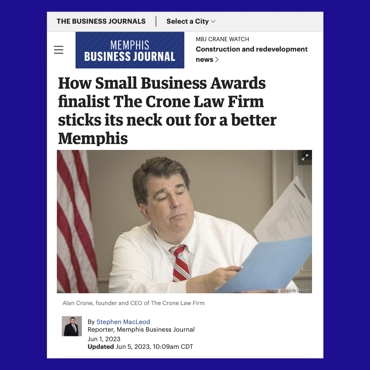 The Crone Law Firm was recognized as 1 of 16 Finalists at the Memphis Business Journal's 43rd Small Business Awards in May 2023, and featured in a MBJ profile story on June 1, 2023.