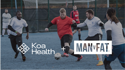 Koa Health and MAN v FAT logos against a background of MAN v FAT members playing soccer