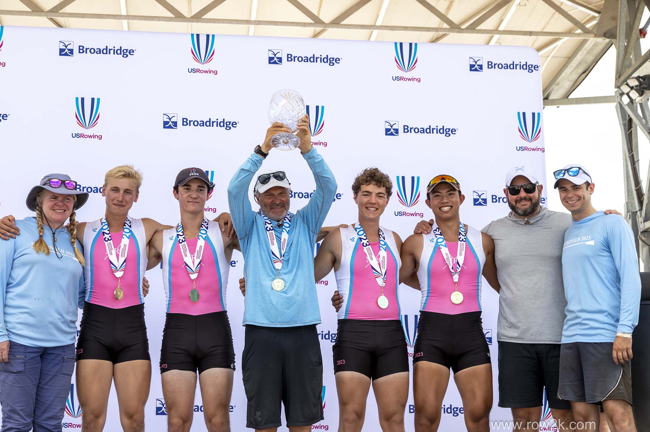 Men’s Youth Quad - First Place, L to R: Sharon Kriz - Co-Head Coach, Gustav Neubohn, Kevin Crotty, Head Coach Yan Vengerovskiy, Leyton Tucci, Ethan Xia, Head Coach Roman Vengerovskiy, Robert Tucker