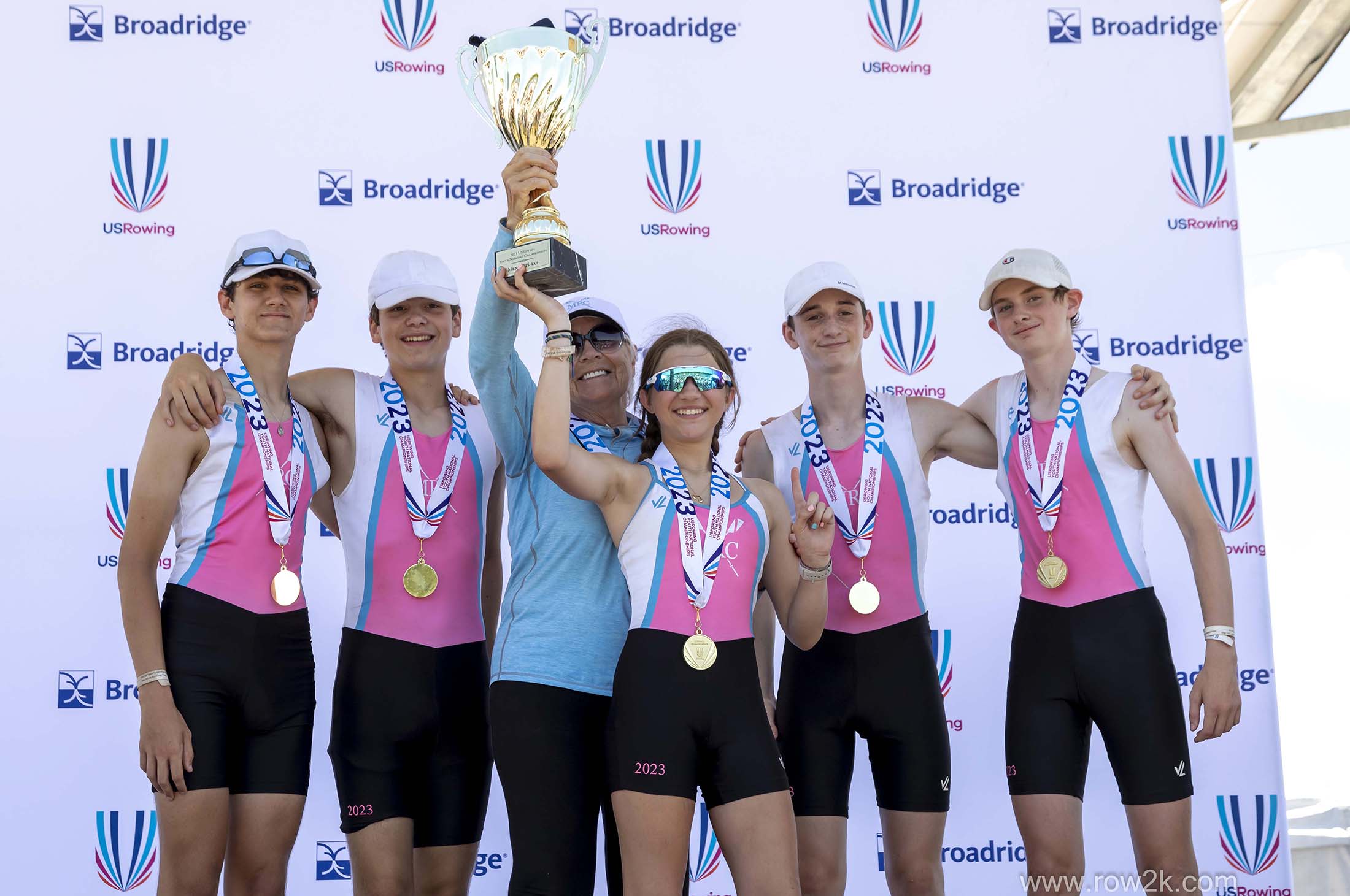 Men’s Youth U15 Coxed Quad - First Place, pictured from Left to right: Declan McClure, Andrew Quaglina, Head Coach Olga Vengerovskaya, Elizabeth Zyarska, Declan Crotty, Charles McGillion-Moore