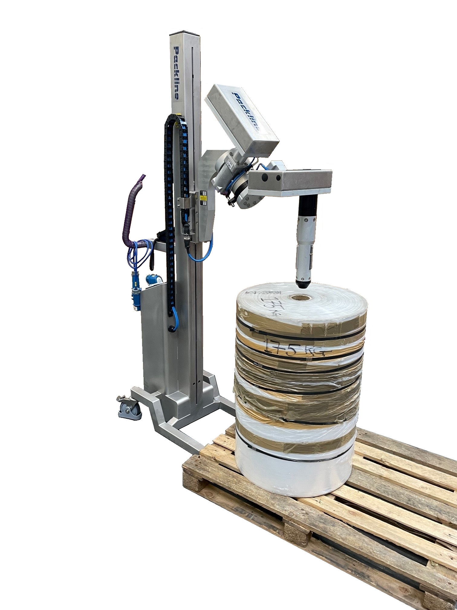 The stainless bespoke fully powered vertical spindle attachment with upgraded electronics was designed to safely lift and rotate rolls of film and foil.