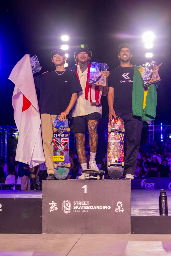 Monster Energy’s Nyjah Huston Takes First Place and Kelvin Hoefler Takes Third Place in Skateboard Street at the 2023 World Skateboarding Tour Competition in Rome