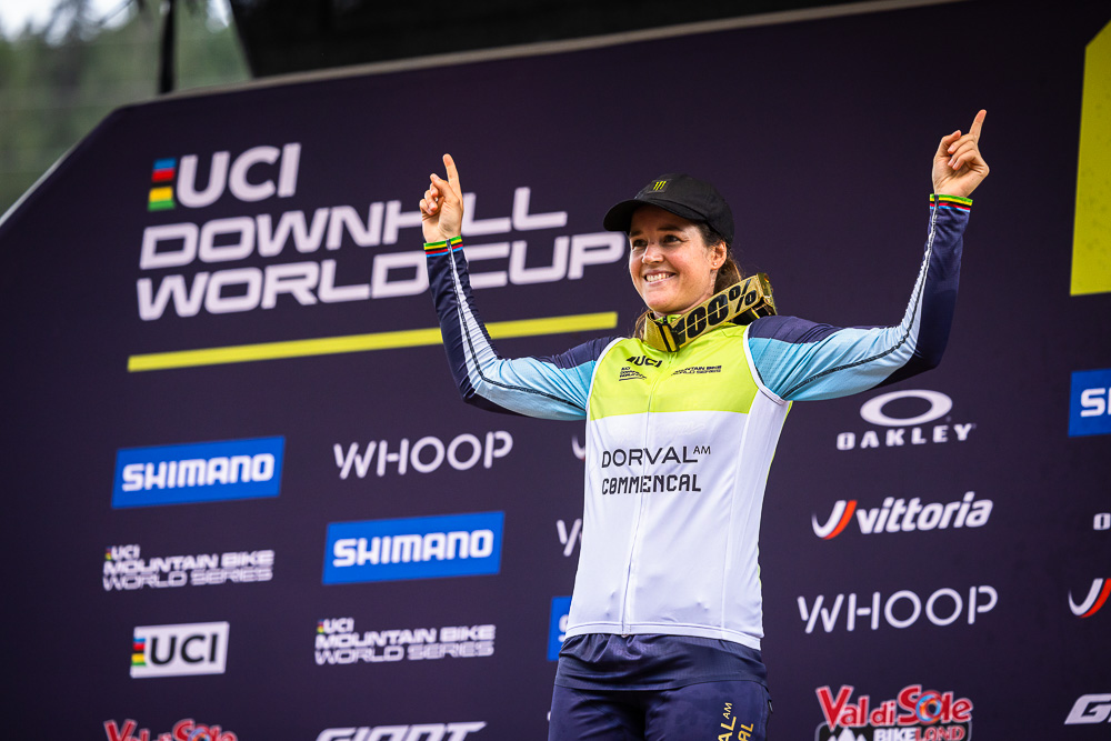 Monster Energyu2019s Camille Balanche Takes Second Place in the Elite Womenu2019s Division at the UCI Downhill Mountain Bike World Cup in Val di Sole, Italy