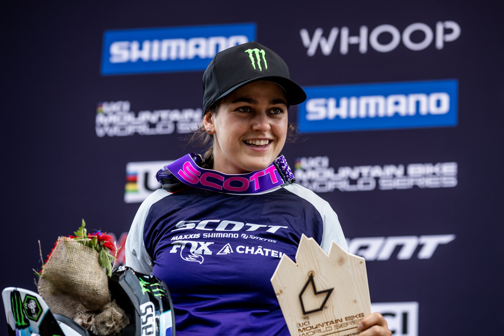 Monster Energyu2019s Marine Cabirou Takes Fourth Place in the Elite Womenu2019s Division at the UCI Downhill Mountain Bike World Cup in Val di Sole, Italy