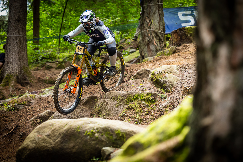 Monster Energyu2019s Marine Cabirou Takes Fourth Place in the Elite Womenu2019s Division at the UCI Downhill Mountain Bike World Cup in Val di Sole, Italy