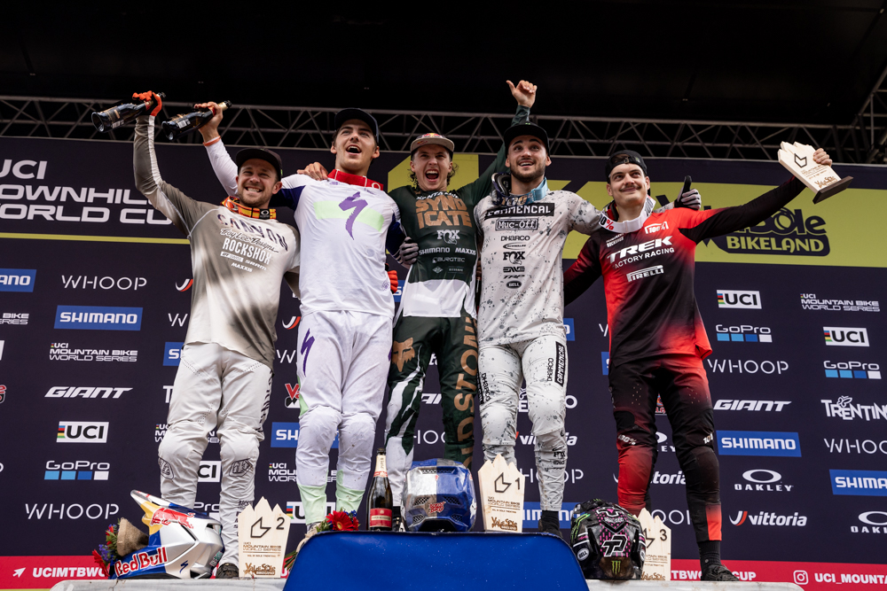 Monster Energy's Thibaut Daprela Takes Third Place, Troy Brosnan Takes Fourth Place, and Loris Vergier lands in Fifth Place at the UCI Downhill Mountain Bike World Cup in Val di Sole, Italy