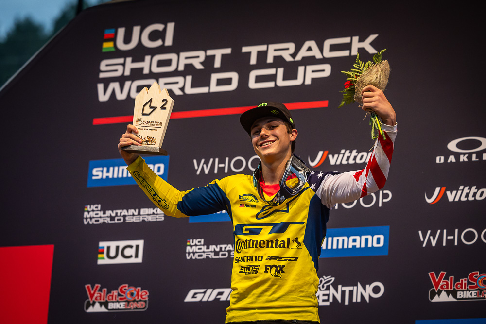 18-Year-Old Monster Army Rider Ryan Pinkerton from California Takes Second Place in the Juniors Division at the UCI Downhill Mountain Bike World Cup in Val di Sole, Italy