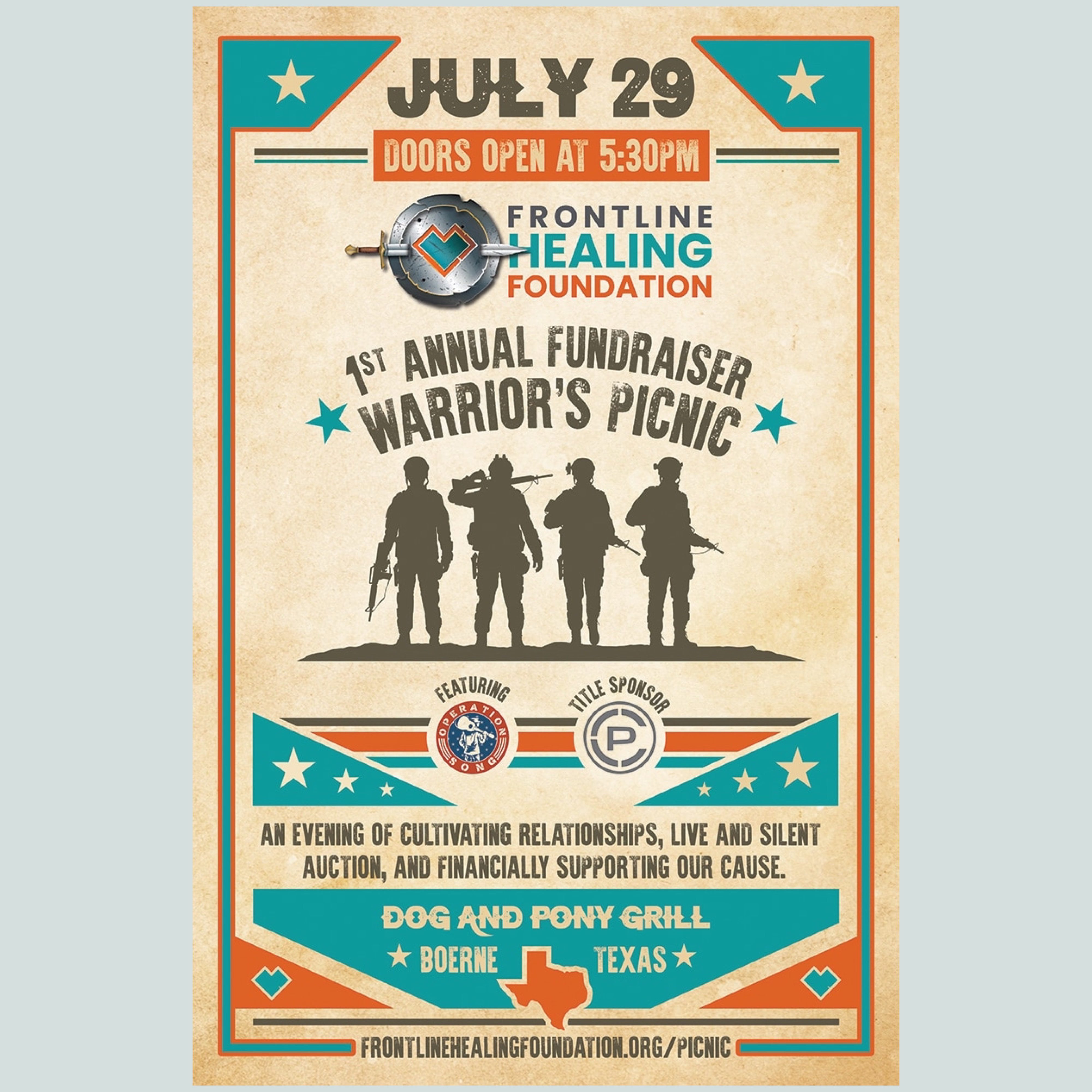 The Frontline Healing Foundation will host their First Annual Warriors Picnic Fundraiser in partnership with Operation Song on Saturday, July 29, 2023, at the Dog & Pony Grill.