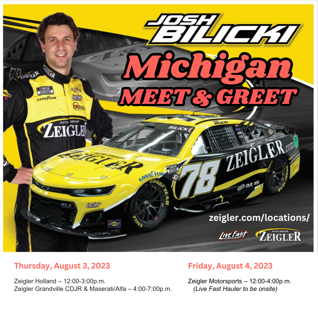 Josh Bilicki will be visiting three Zeigler dealerships in Michigan ahead of the Firekeepers Casino 400