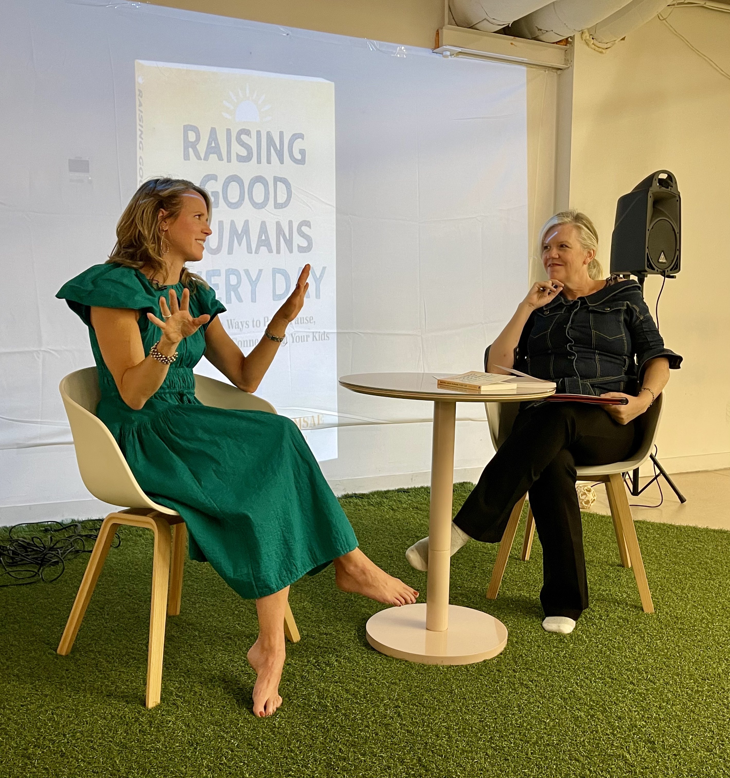 Mindful Mama Mentor Hunter Clarke-Fields interviewed by Margaret Ables at “Raising Good Humans Every Day - 50 Simple Ways to Press Pause, Stay Present and Connect with your Kids” book launch party